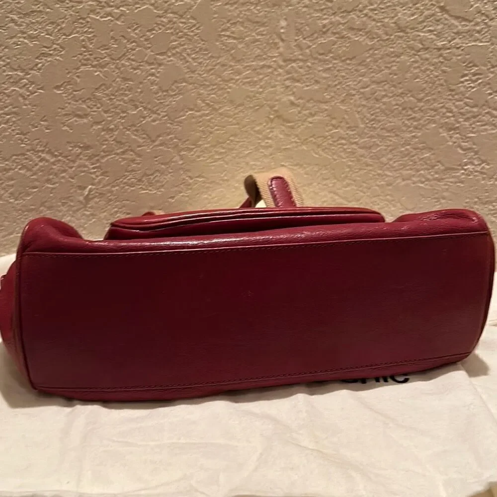 Moschino Top Handle Travel Tote Bag Deep Pinkish Red Leather Gold Hardware